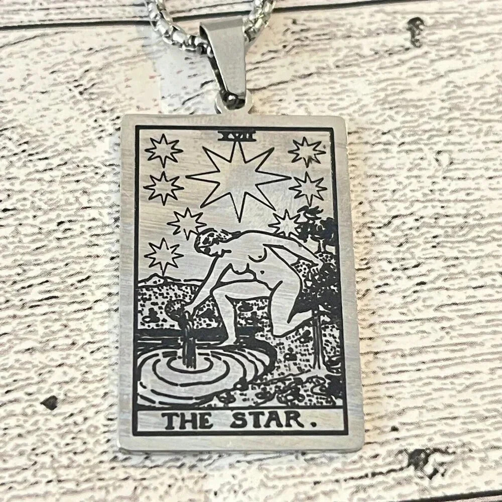 NWOT Stainless Steel Tarot Card Pendant “The Star” With 22” Long Chain